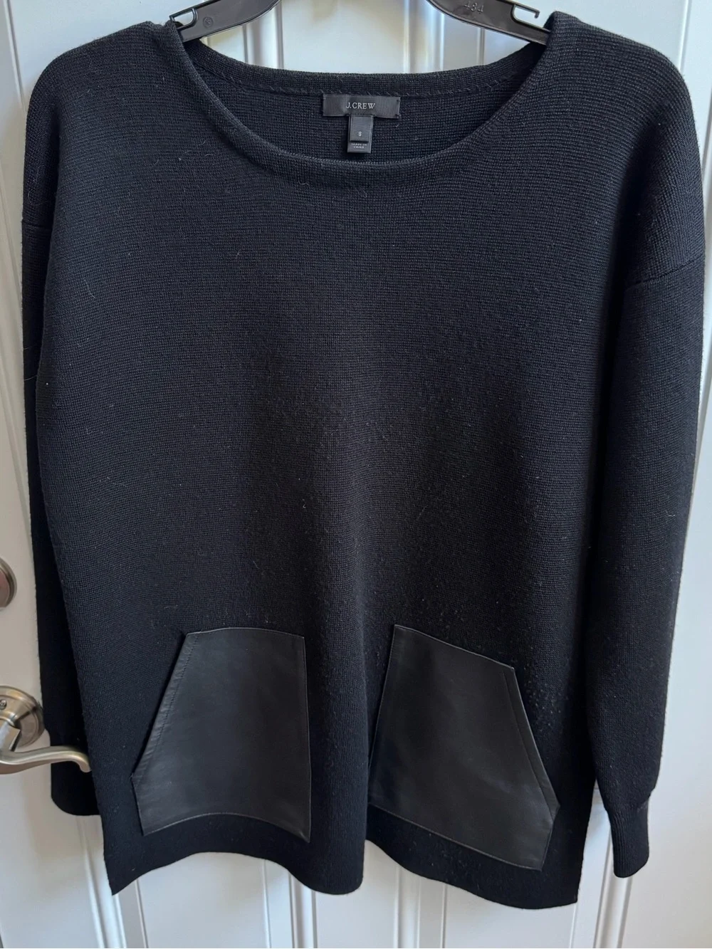 J. Crew Black Crewneck Sweater with Leather Front Pockets - Picture 1 of 4